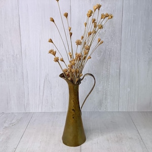 Vintage Hammered Brass Decorative Pitcher/ Gold Toned Slender Metal Pitcher, Vase with Handle/ Brutalist Metal Vessel/ Old World Decor
