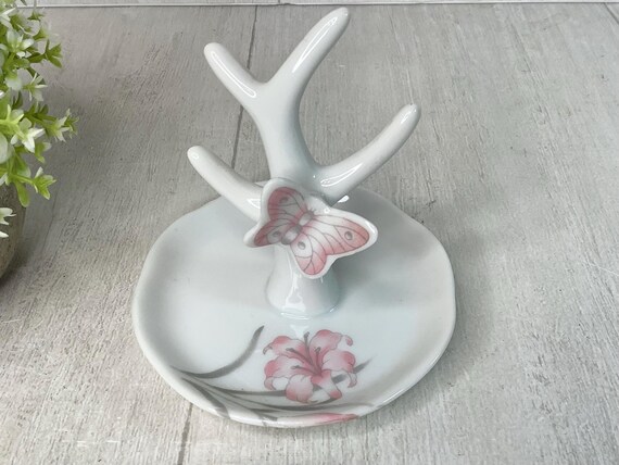 Vintage Butterfly Porcelain Ring Tree Trinket Dish/ Jasco White & Pink Jewelry Dish/ Butteryfly on Branch Design/ Cottage Vanity Decor View 4