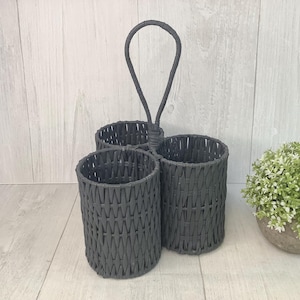 Woven Utensil Basket Caddy/ Faux Rattan, Weaved Banding 3 Compartment Organizer/ Flatware Storage/ Wine Bottle Carrier/ Boho/ Farmhouse