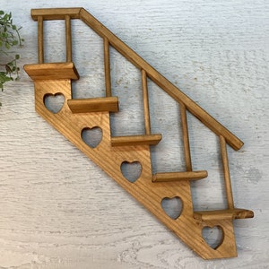 Vintage Wooden Stair Step Shelf/ Wood Tiered Display Shelf/ Solid Wood Shelf with Heart Cut-Outs/ Rustic/ Cottagecore/ Boho