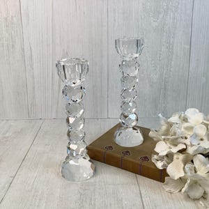 Vintage Pair Simon Design Cut Crystal Taper Candle Holders/ Stacked, Faceted Crystal Ball Diamond Candlestick Holders/ Hollywood Regency