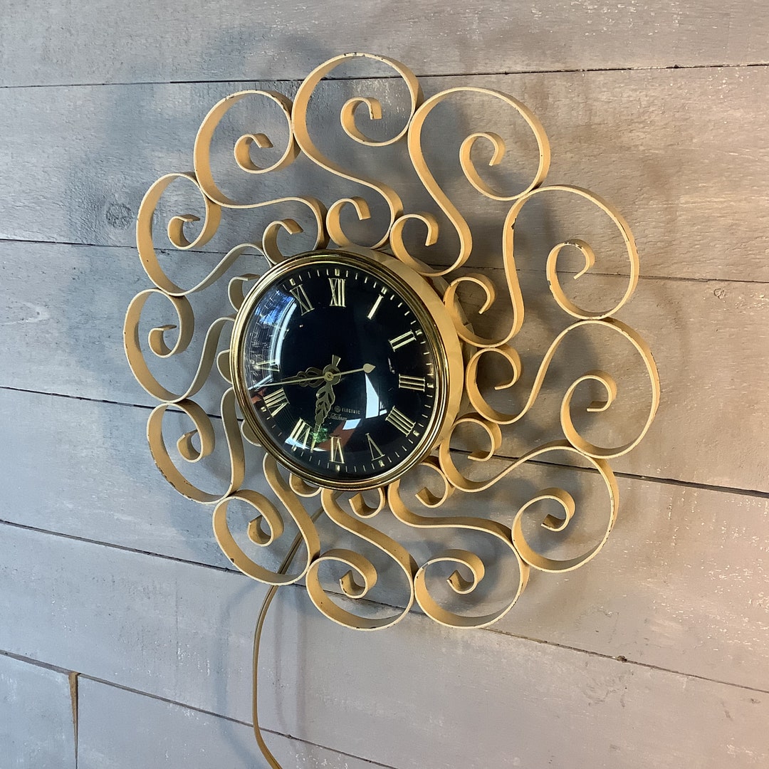 Vintage Metal GE Telechron Wall Clock/ White Wrought Iron Scrolling