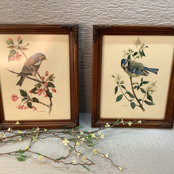 Vintage Pair Framed Bird & Floral Prints/ Wood Framed Floral, Bird, Botanical Pictures/ Cottagecore/ French Country/ Gallery Wall