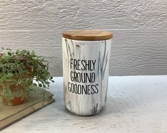 Marbled Glass Coffee Canister/ "Freshly Ground Goodness" Marble Design Modern 6.5" Coffee Canister/ Wood Lidded Canister/ Boho/ Coffee Bar