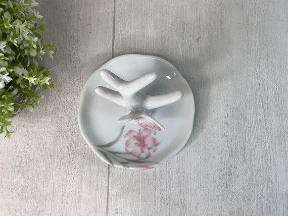 Vintage Butterfly Porcelain Ring Tree Trinket Dish/ Jasco White & Pink Jewelry Dish/ Butteryfly on Branch Design/ Cottage Vanity Decor View 6