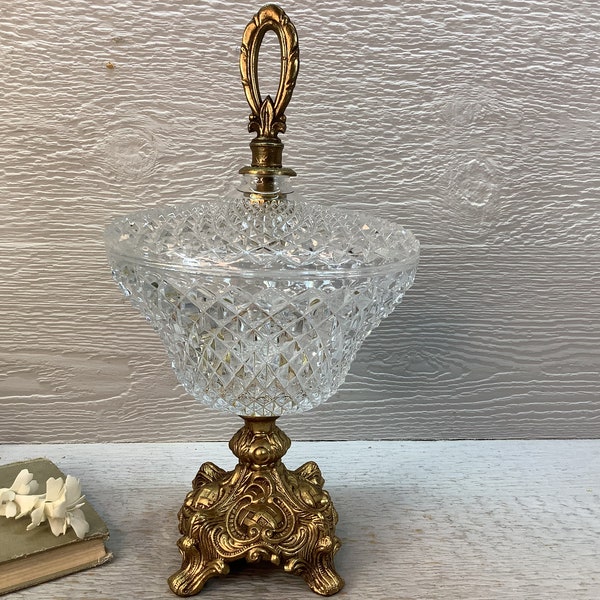 Vintage Crystal Diamond Point Covered Dish/ Crystal 12" Brass Pedestal Compote Dish with Lid/ Art Nouveau/ Victorian/ French Country