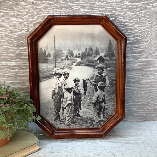 Vintage Hexagon Framed Boys Going Fishing/ Faux Wood Photo Frame with Old Picture Titled "Young Anglers"/ Rustic Wall Decor/ Den/ Man Cave