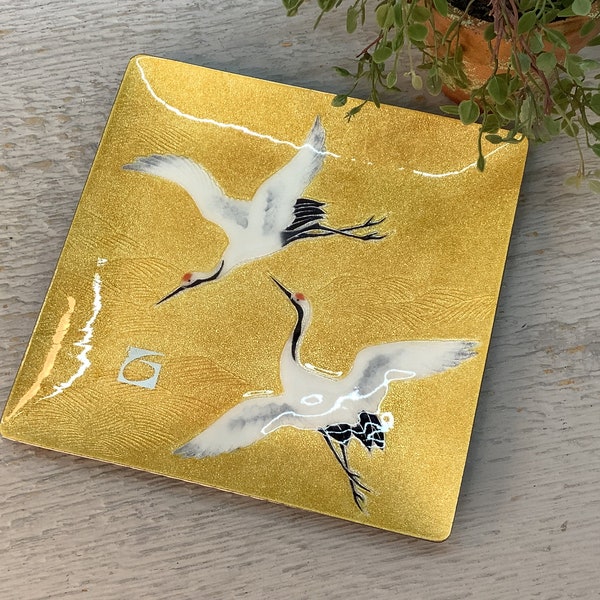 Vintage Japanese Cloisonne Decorative Plate with Flying Cranes/ Enameled Square Tray with Birds/ Trinket Dish