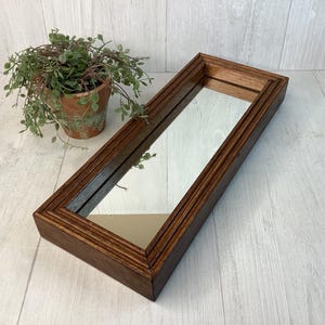 May include: A rectangular wooden framed mirror with a dark brown finish. The mirror is long and narrow, with a beveled edge. A small potted plant with green foliage sits to the left of the mirror. The mirror is on a light wood surface.