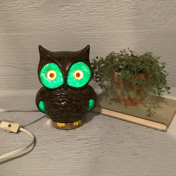 Vintage Ceramic Owl Accent Lamp/ Brown Ceramic Owl Night Light w/ Green Glowing Eyes/ Boho Decor/ Retro/ Mid Century