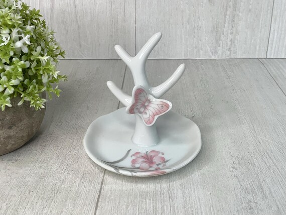 Vintage Butterfly Porcelain Ring Tree Trinket Dish/ Jasco White & Pink Jewelry Dish/ Butteryfly on Branch Design/ Cottage Vanity Decor View 3