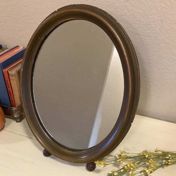 Vintage Oval Wood Framed Tabletop Mirror/ Rustic Chippy Wooden Table Vanity Mirror/ Primitive/ Shabby/ Farmhouse