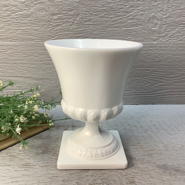 Vintage White Milk Glass Footed Urn/ Grecian Milk Glass Pedestal Vase/ Footed Planter/ Cottagecore/ French Country