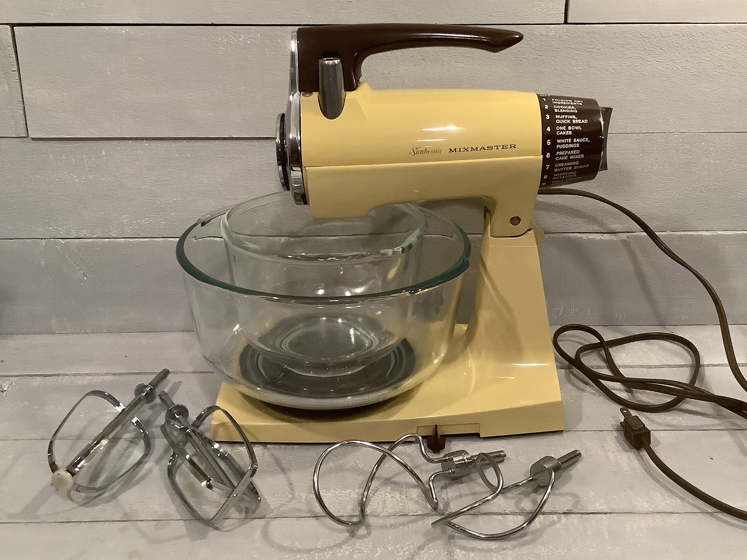 Vintage Sunbeam Mixmaster Stand Mixer/ 12 Speed 234 Watts/ Beaters, Cord,  Fire King Glass Bowls/ Boho/ Retro/ MCM/ Farmhouse Kitchen 