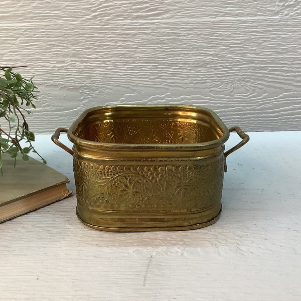 Vintage Square Brass Pot with Handles and Floral Design/ Gold Toned Brass Bowl/ Brass Planter Container/ Boho/ Retro/ MCM