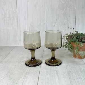May include: Two vintage brown-tinted wine glasses with a rounded bowl and a stem. The glasses are made of glass and sit on a light-colored wooden surface. A small potted plant is in the background.