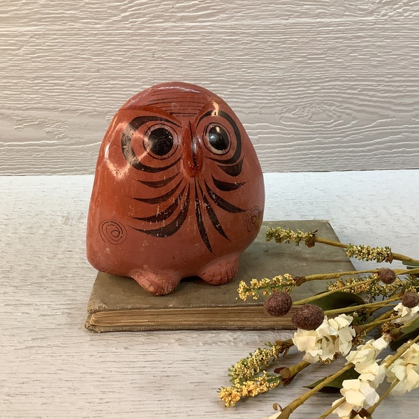 Vintage Tonala Mexican Pottery Owl/ Ceramic Hand Painted Owl w/Bird Design/Boho/ Primitive/ Folk Art Decor