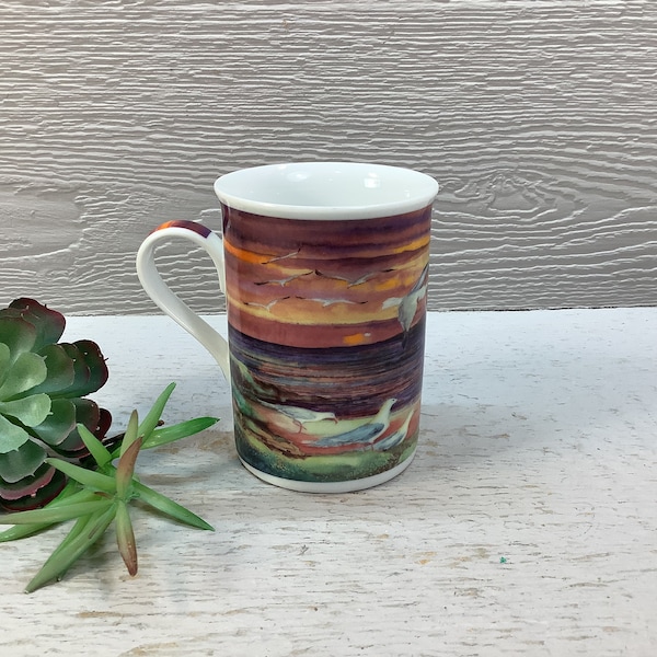 Fine Porcelain Seagulls Mug/ Porcelain Mug, Seagulls Flying Over Sunset, by Kathleen McKenna for Greenbrier, Inc./ Nautical/ Coffee Bar