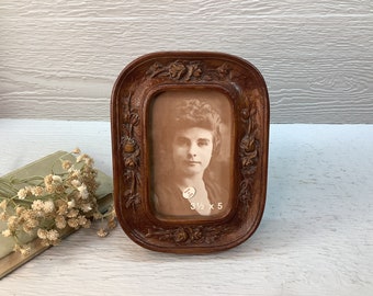 Vintage Carved Wood Picture Frame/ Chunky Wooden Photo Frame/ Carved Floral Rose Design Wood Frame/ 3.5x5/ Rustic/ Boho/ Wedding