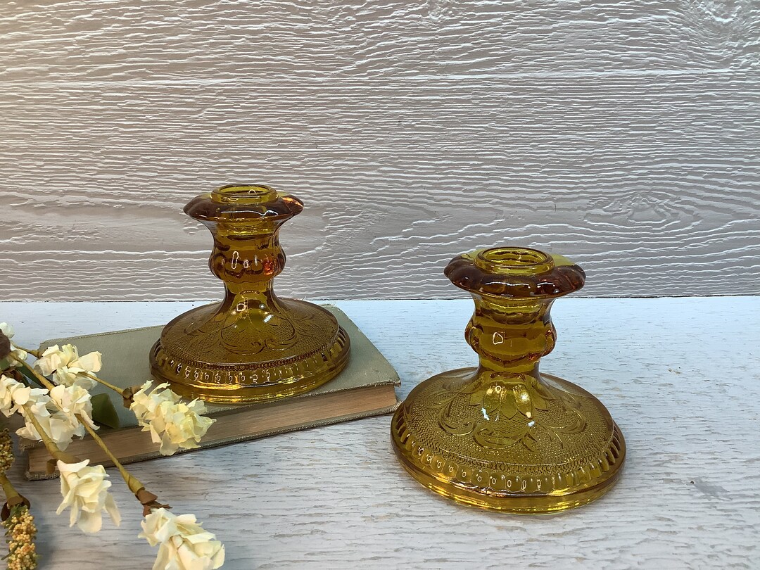 Vintage Pair of Amber Glass Tiara Candle Holders/ Indiana Etsy