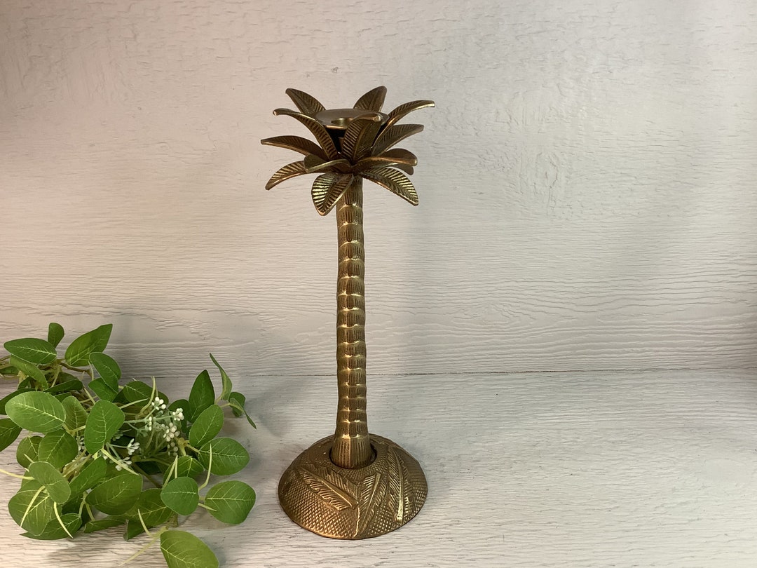 Vintage Single Brass Palm Tree Candle Holder/ Tall Palm Gold Brass Metal Candlestick Holder