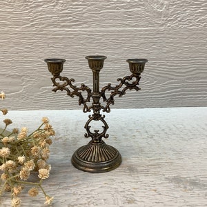 Vintage Small Brass Candlestick Holder/ Gold Brass Metal Candelabra/ Ornate Triple Candelabra/ Italy/ Victorian/ Hollywood/ MCM/ Wedding