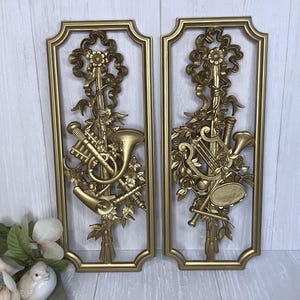 Vintage 1960's Gold Musical Instruments & Floral Wall Plaques/ Gold Toned Syroco Wall Decor/ Dart Ind./ Boho/ Retro/ MCM/ Gallery Wall