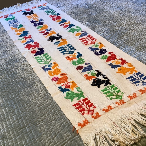 Colorful Handstitched Table Runner/ Fringed Embroidered Tapestry Runner/ Animals, Birds, Floral/ 46" Handmade Runner/ Boho/ Folk Art