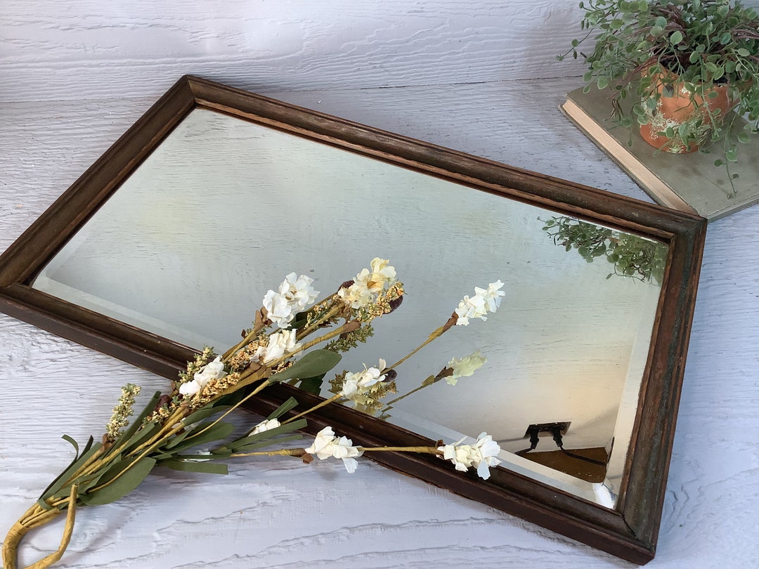 Vintage Wood Framed Beveled Mirror/ Old Rectangle Framed Wooden Wall