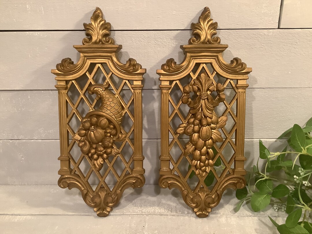 Vintage Set of 2 Ornate Gold Wall Plaques/ Gold Tone Syroco Wall Decor ...