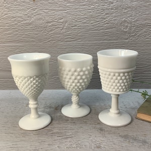 Vintage Set of 3 Mismatched Westmoreland Hobnail Goblets/ Assorted White Milk Glass Footed Goblets/ Pedastal Wine Glasses/ Cottage/ Wedding