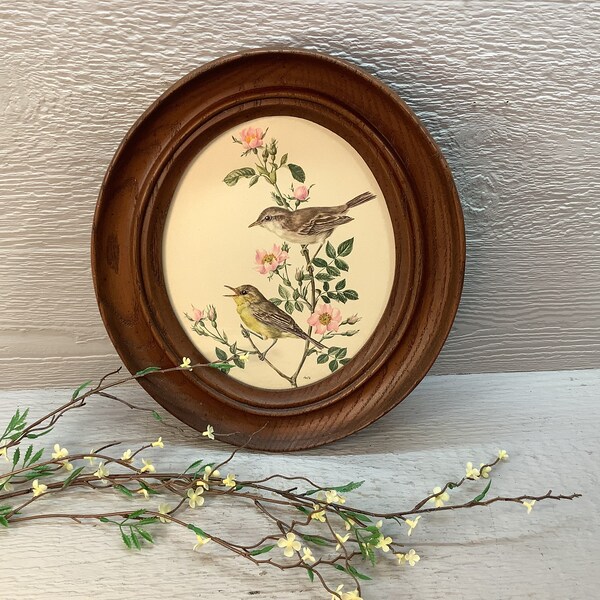 Vintage Oval Framed Birds, Floral Print/ Faux Wood Oval Framed Floral, Bird, Botanical Picture/ Cottagecore/ French Country/ Gallery Wall