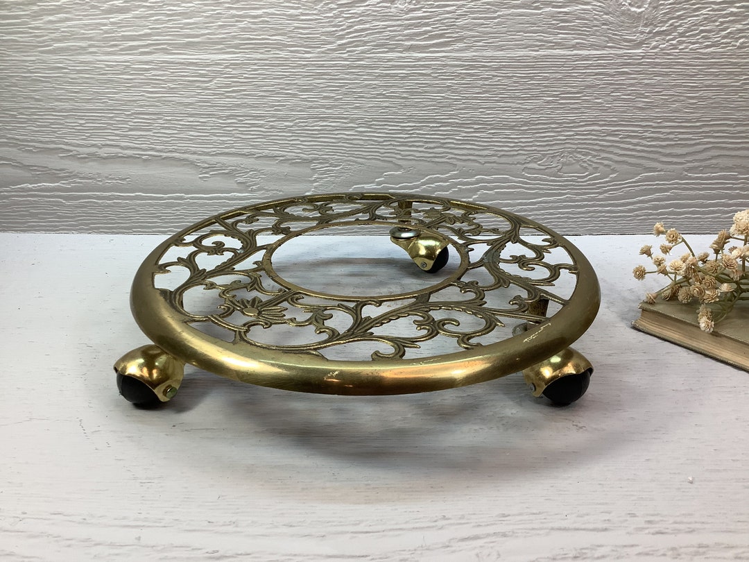 Vintage Brass Rolling Plant Stand/ Gold Toned Filigree Design Plant