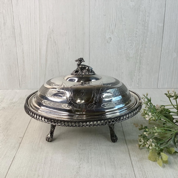 Vintage Silver Plated Butter Dish/ Domed, Covered Butter Keeper w/ Insert/ Ornate Silverplated, Engraved, Footed Victorian Era Dish