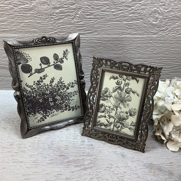 Vintage Set of 2 Ornate Pewter Picture Frames/ Silver-Gray Toned Metal Photo Frames/ 5x7, 3-1/4x5/ Victorian/ Hollywood Regency/ Wedding