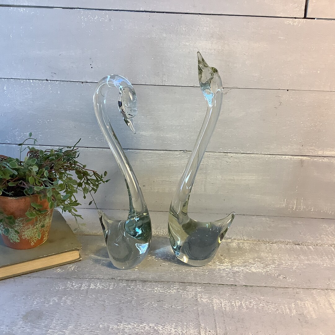 Vintage Pair Clear Glass Swan Sculptures/ Tall Glass Swan Etsy