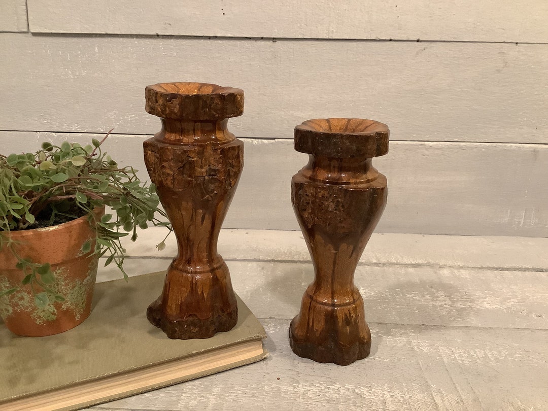 Vintage Pair Burl Wood Candle Holders/ Rustic Hand Spun Burlwood