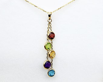 14K Gold Genuine Gemstone Pendant Necklace, 5mm Garnet, Peridot, Citrine, Blue Topaz, Amethyst Pendant For Women, Multi Color Stone Jewelry