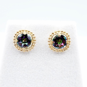 Gold Mystic Topaz Earrings, 10K Yellow Gold Milgrain Design Genuine Mystic Topaz 6x6mm Stud Earrings, Gemstone Versatile Earrings for Women