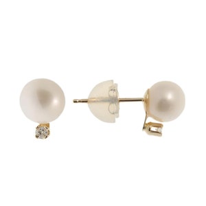 14K Yellow Gold Cultured Pearl 6mm with Diamond Earrings, June Birthstone, Handmade Earrings, Earrings  For Wedding