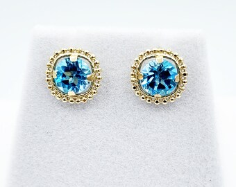 10K Gold Blue Topaz Stud Earrings, Milgrain Design, December Birthstone