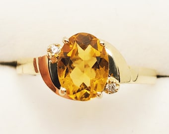 10K Yellow Gold Citrine Diamond Ring, November Birthstone 8x6mm