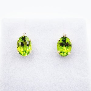 Gold Peridot Stud Earrings, Yellow Gold Genuine Peridot 8x6mm with Diamonds Earrings, Gemstone Jewelry for Women, August Birthstone Gift