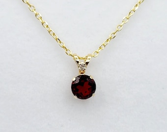 10K Yellow Gold, Garnet Gemstone Pendant, Diamond Accent Elegant Necklace, January Birthstone Jewelry, Glamorous Statement Necklace