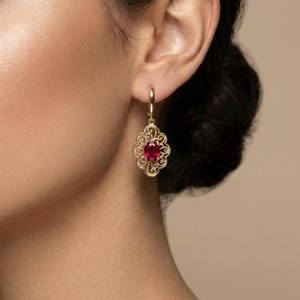 Brincos de ouro 14K com rubi genuíno e fecho de alavanca, elegantes pingentes de pedra preciosa, joia de luxo para presente.
