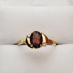 Gold Garnet Ring, 10K Yellow Gold Genuine Garnet 8x6mm With Diamonds Ring, January Birthstone, Ring For Women, Natural Garnet Ring