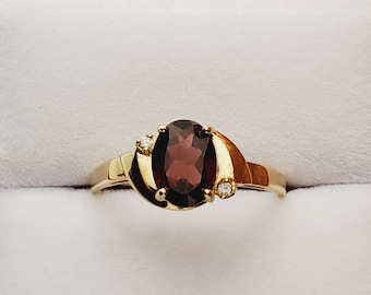 10K Yellow Gold Garnet Ring with Diamonds, January Birthstone 8x6mm