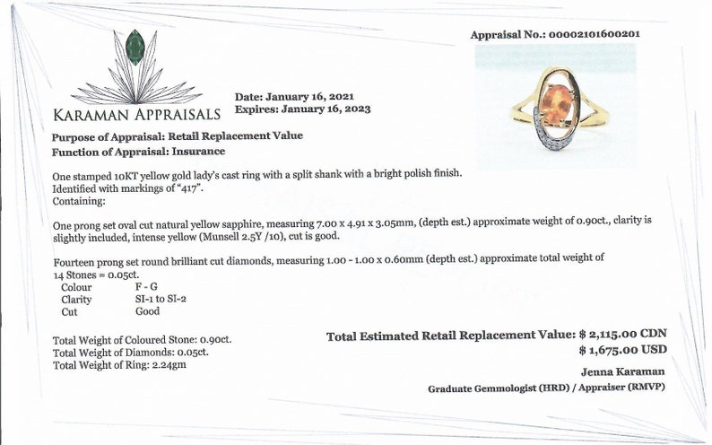 May include: An appraisal report for a yellow gold ring with a yellow sapphire and diamonds. The ring is set with a split shank and has a bright polish finish. The report includes details about the stones, including their size, weight, and clarity. The report also includes the estimated retail replacement value of the ring.