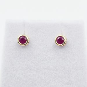 14K Gold Genuine Ruby Bezel Stud Earrings, 14K Yellow Gold Ruby 3x3mm Earrings, July Birthstone, Round Bezel Set Stud 5mm, Dainty Studs