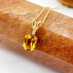 Gold Citrine Pendant Necklace, 10K Yellow Gold Citrine 8x6mm with Diamond Pendant, November Birthstone, Yellow Citrine Jewelry